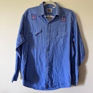 Vintage Ely Cattleman Chambray Blue Floral Embroidered Pearl Snap Western Rodeo